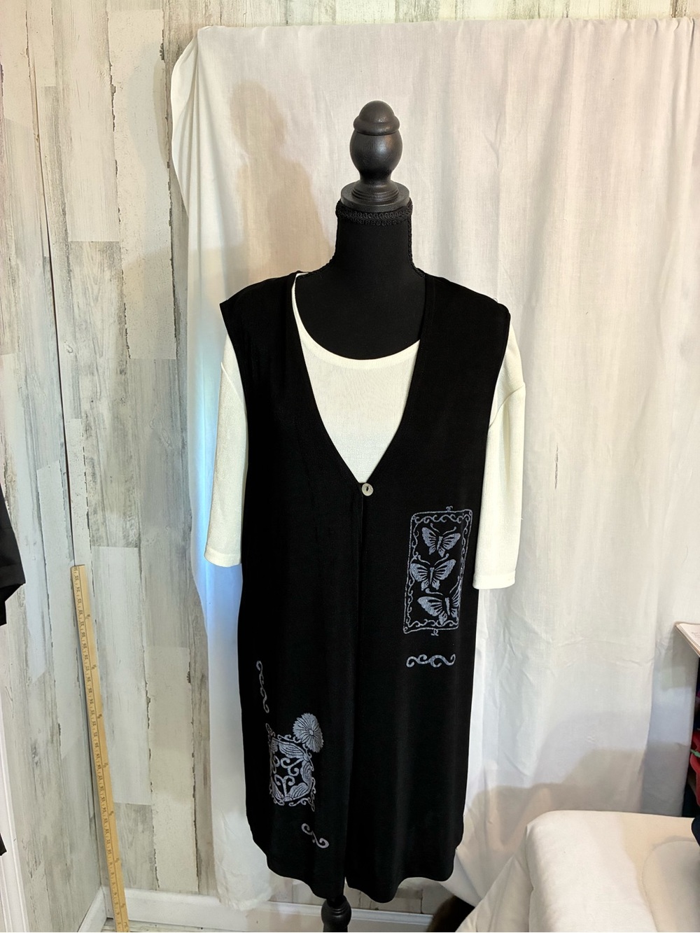 Black Midi Dress with White Embroidered Motifs